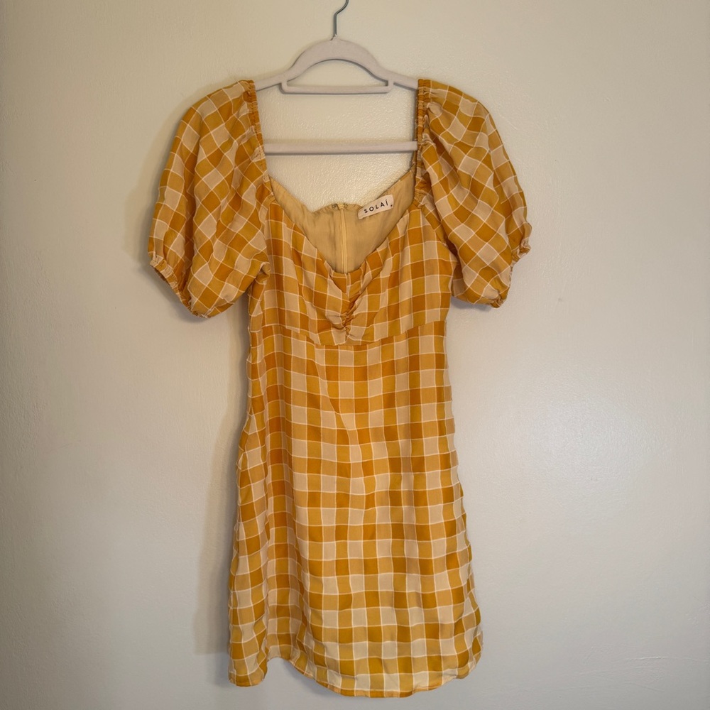 Solai Yellow Plaid Dress puff sleeves Whimsical Size M